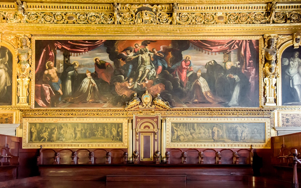 Painting in Doge's Palace depicting historical figures and religious scene, Venice, Italy.