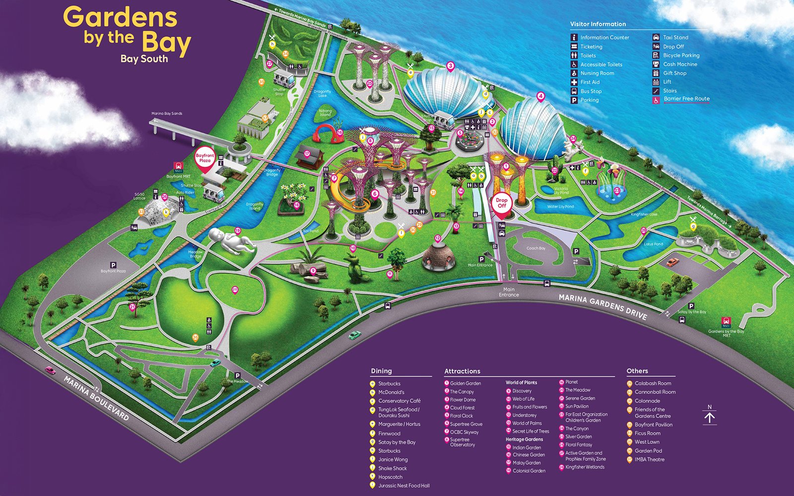 Gardens by the Bay map highlighting attractions, dining, and pathways in Bay South, Singapore.