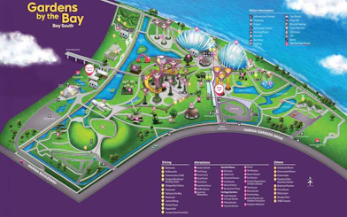 Gardens by the Bay map highlighting attractions, dining, and pathways in Bay South, Singapore.
