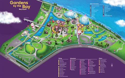 Gardens by the Bay map highlighting attractions, dining, and pathways in Bay South, Singapore.