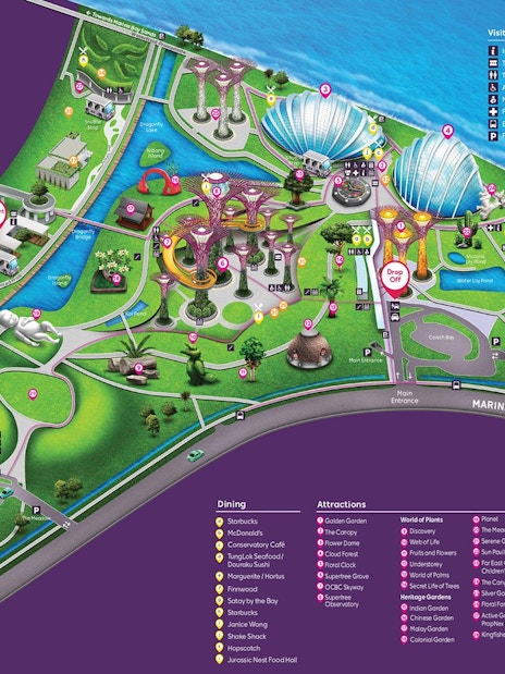 Gardens by the Bay map highlighting attractions, dining, and pathways in Bay South, Singapore.