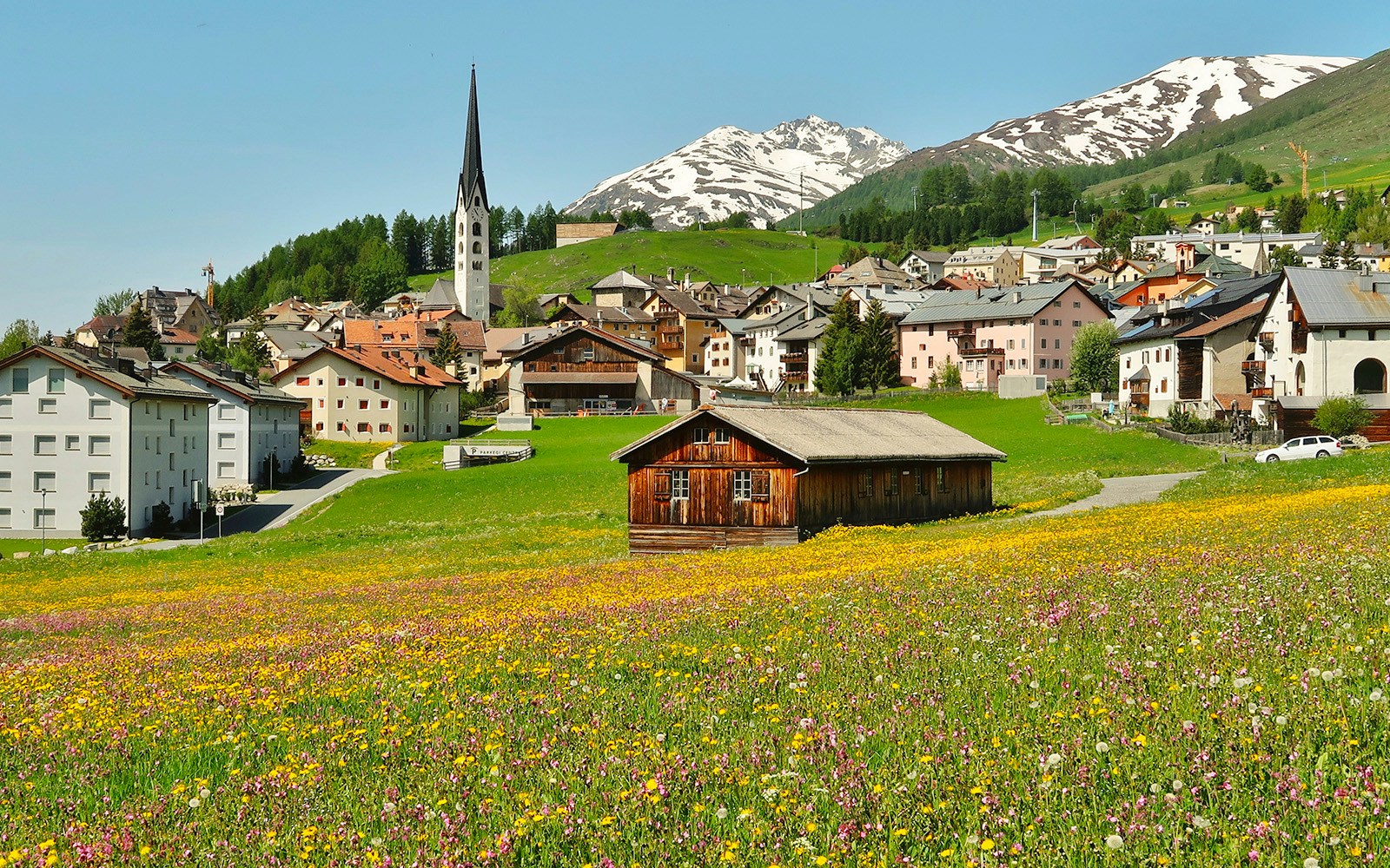 Townhouse in Engadin with a sight of the Alps, and yellow flowers blooming around