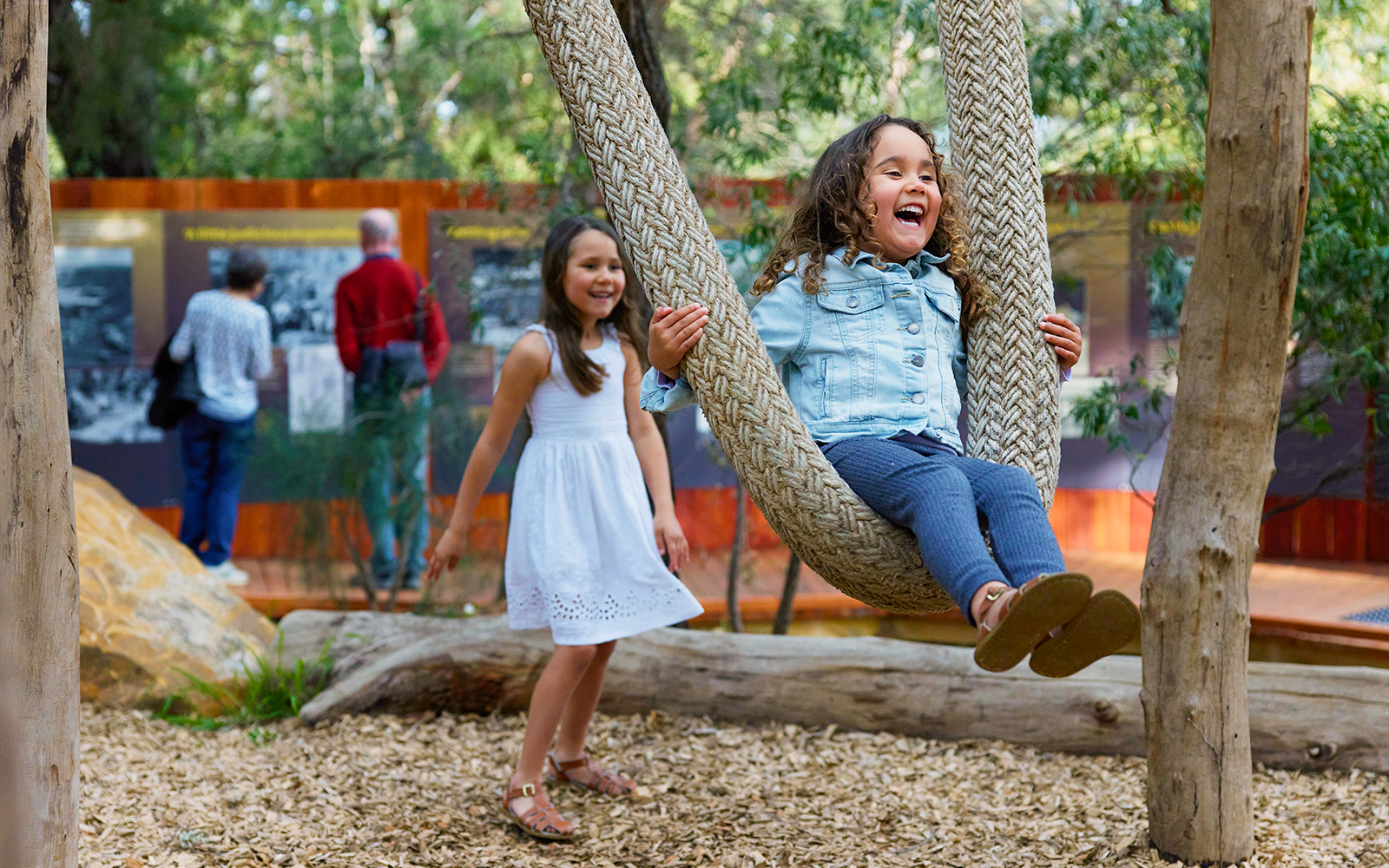Children playing on a rope swing at Ngilgi Cave Ancient Lands Experience.