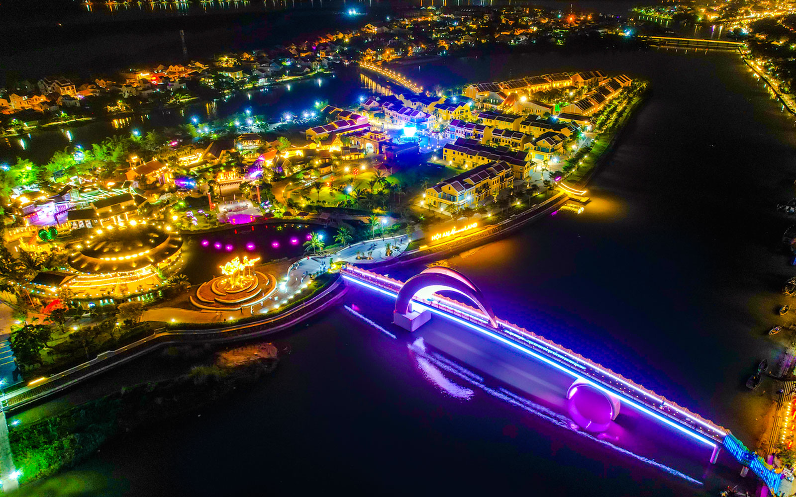 Aerial view of Hoi An Memories Show with vibrant lights, Vietnam.