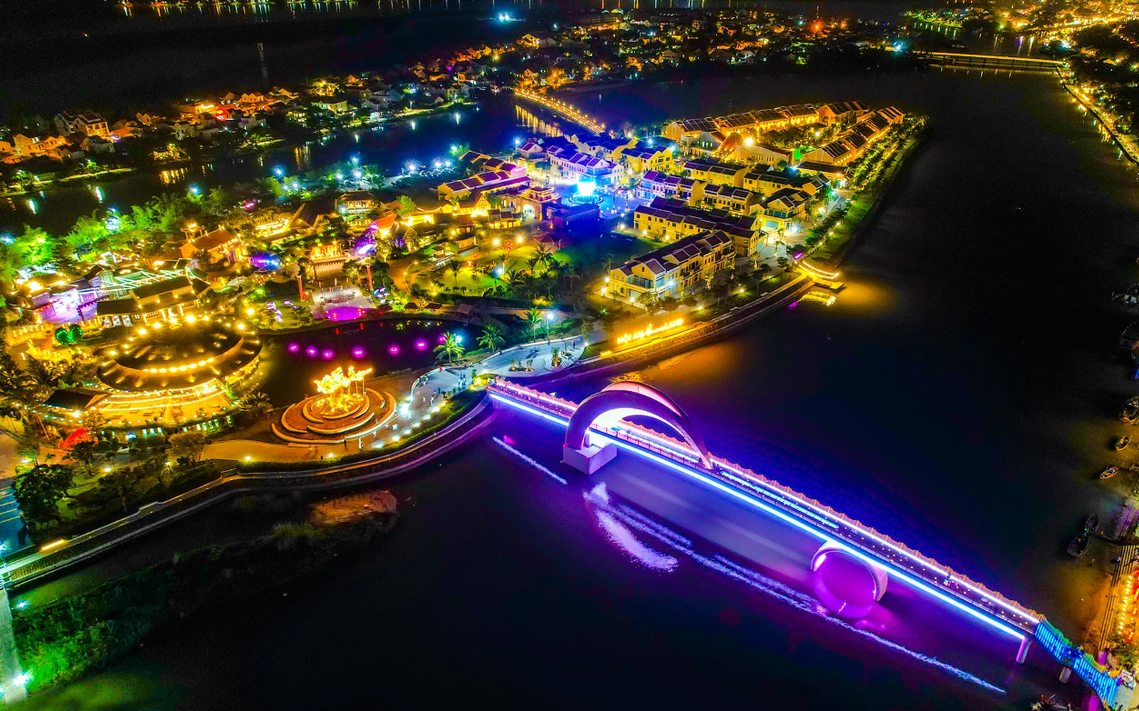 Aerial view of Hoi An Memories Show with vibrant lights, Vietnam.