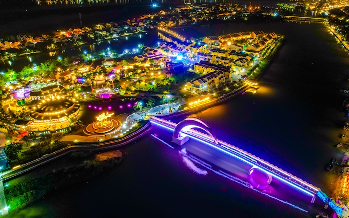 Aerial view of Hoi An Memories Show with vibrant lights, Vietnam.