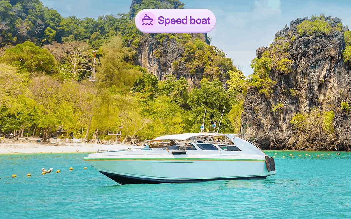 Speedboat near limestone cliffs at Hong Island, Thailand.
