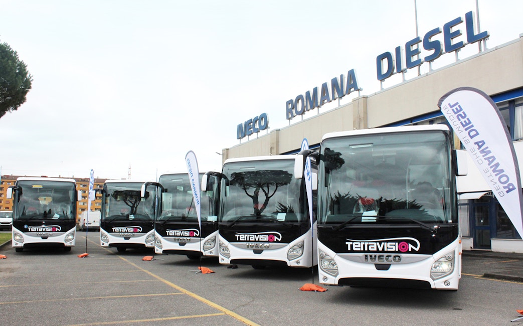 Terravision buses parked at Ciampino Airport for Rome city center transfers.