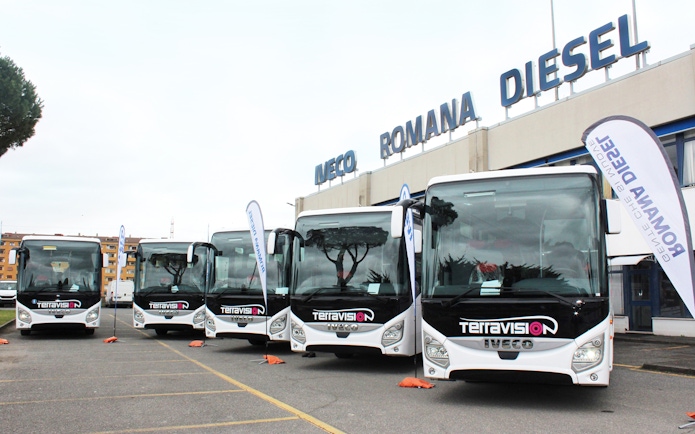 Terravision buses parked at Ciampino Airport for Rome city center transfers.