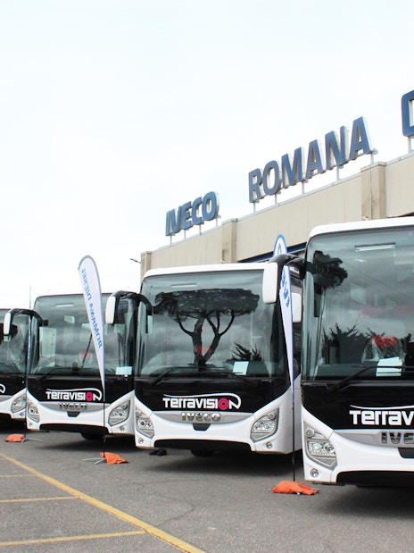 Terravision buses parked at Ciampino Airport for Rome city center transfers.