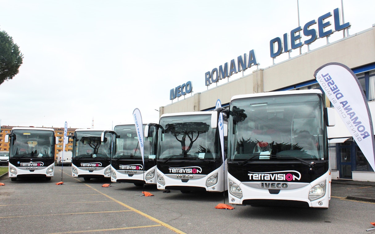 Terravision buses parked at Ciampino Airport for Rome city center transfers.