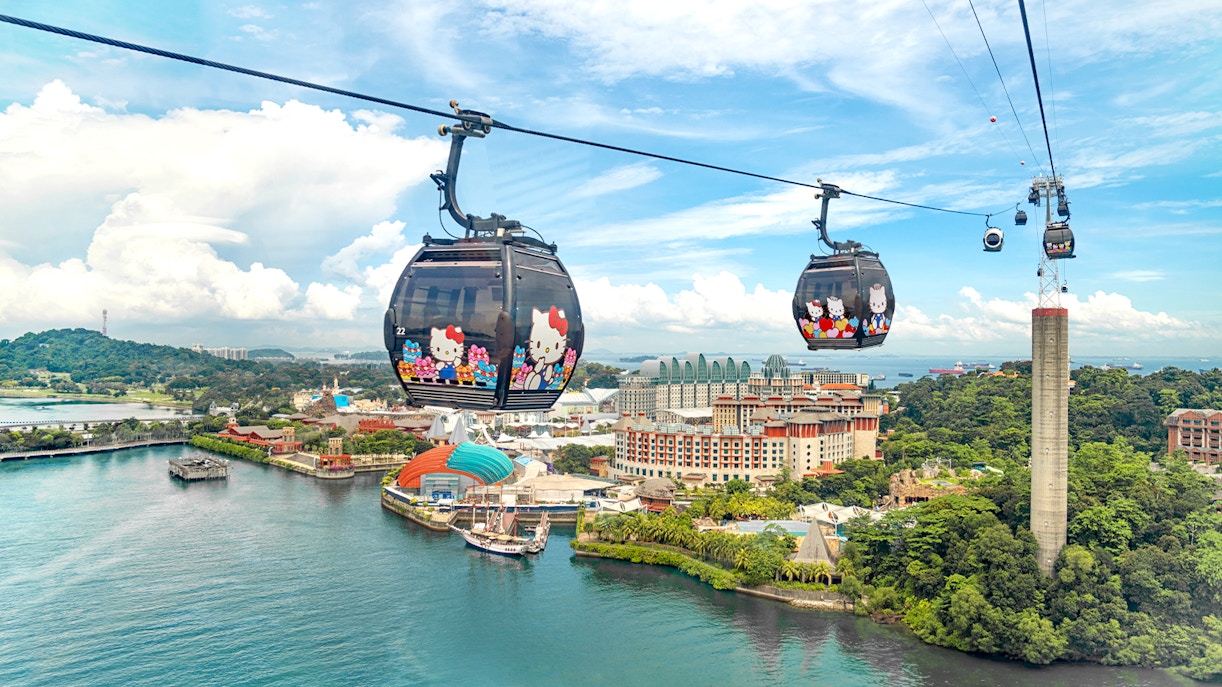 Tourists on Singapore Cable Car Sky Pass with city skyline views.