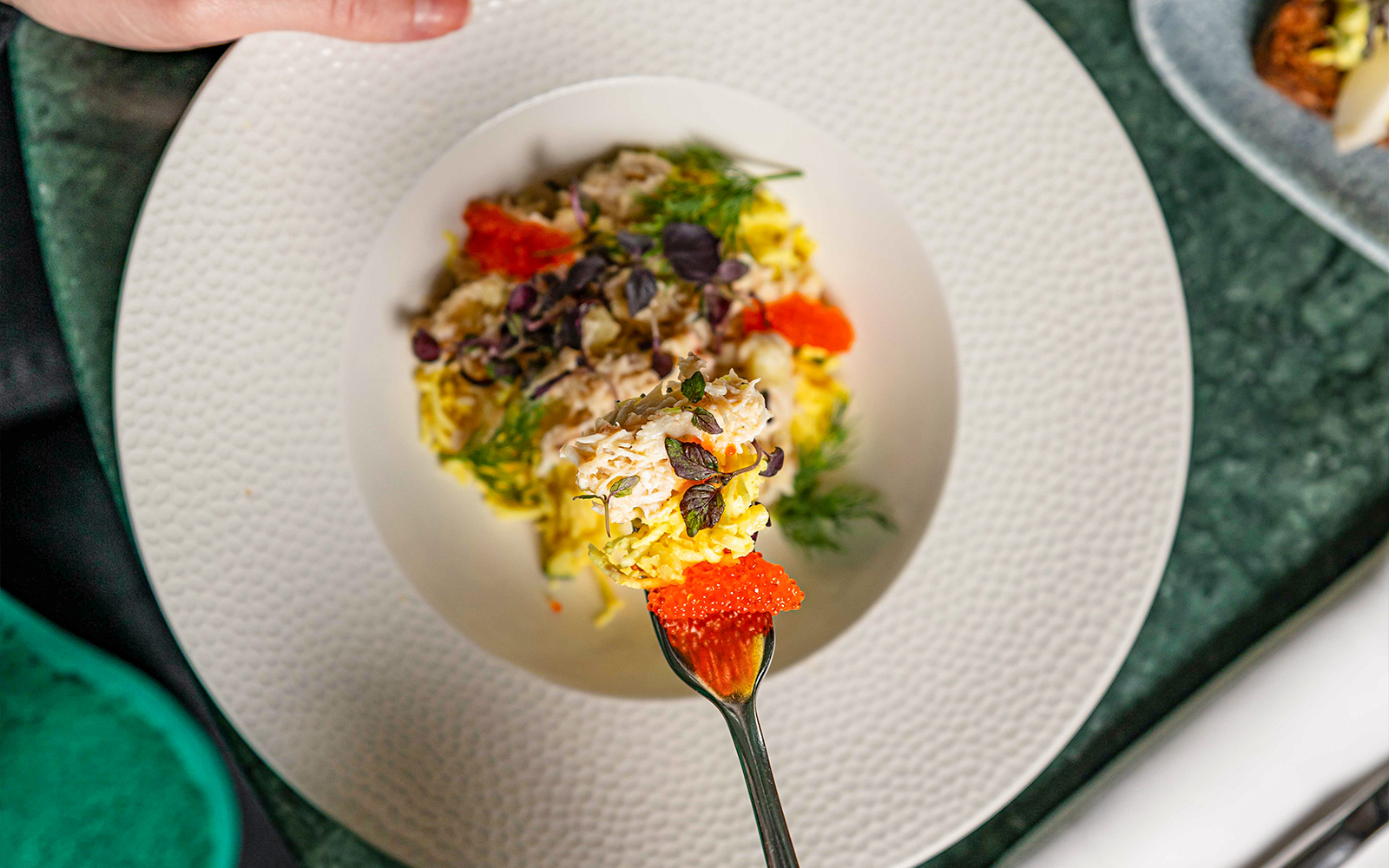 Seafood dish with roe and herbs at Flora Danica, Champs Elysées, Paris.