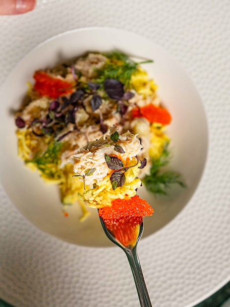 Seafood dish with roe and herbs at Flora Danica, Champs Elysées, Paris.