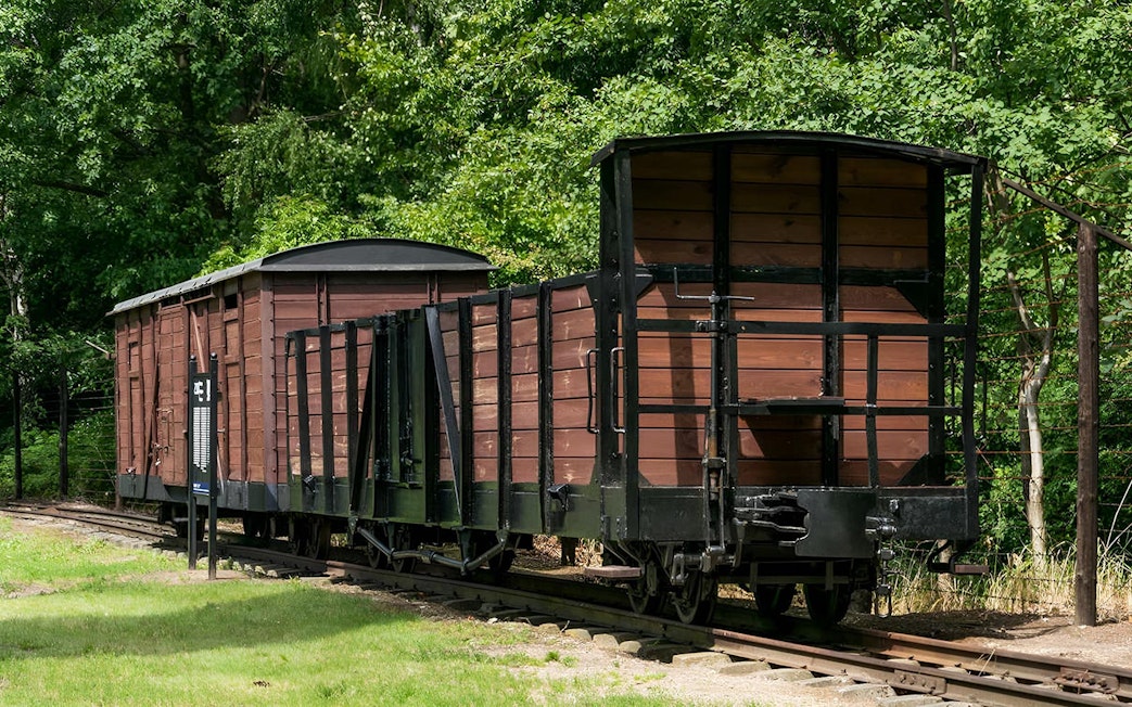 Historic train car at Stutthof Concentration Camp, Poland, surrounded by trees.