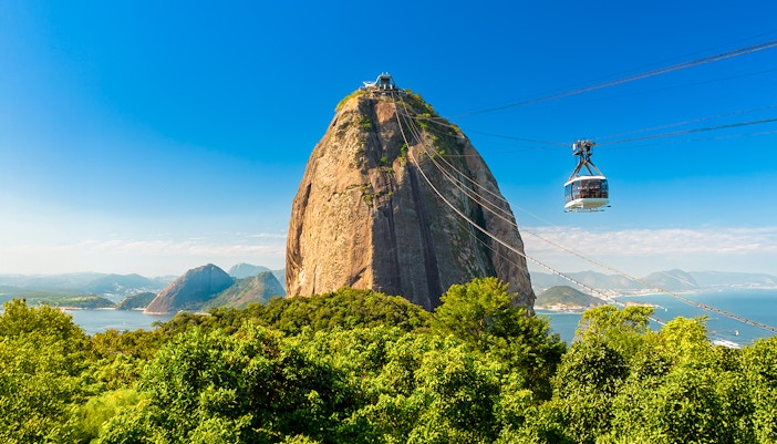 Sugarloaf Mountain with cable car in Rio de Janeiro, Brazil.