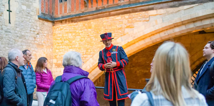 Tour group with a Beefeater guide at the Tower of London.