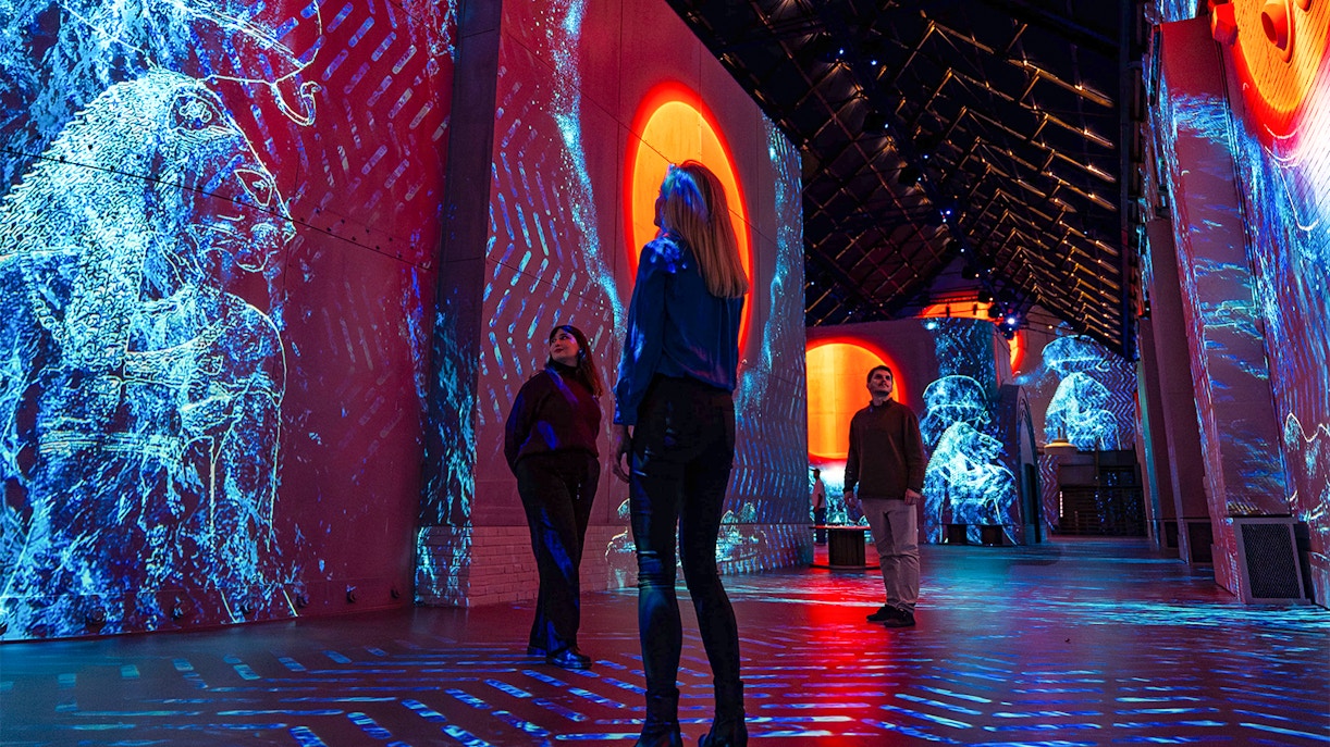 Visitors exploring digital art projections at Fabrique des Lumières: The Kingdom of the Pharaohs exhibition.