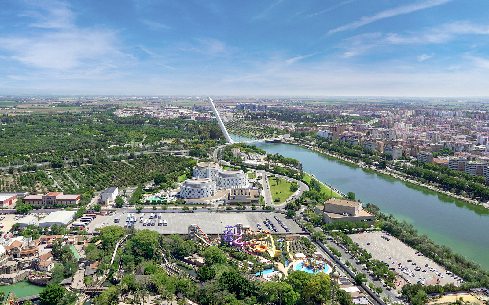 Aerial view of Isla Mágica theme park and surrounding Seville landscape.