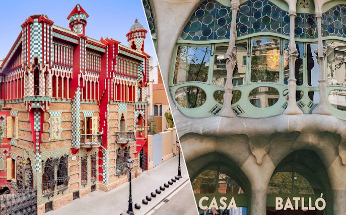 Casa Vicens and Casa Batlló facades in Barcelona, showcasing unique architectural designs.