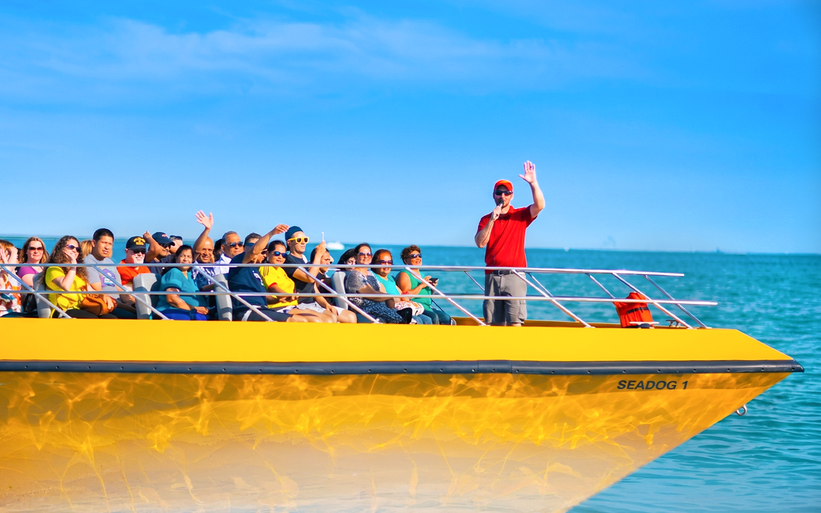 Tourists enjoying Sea Dog Cruise on Lake Michigan, Chicago.