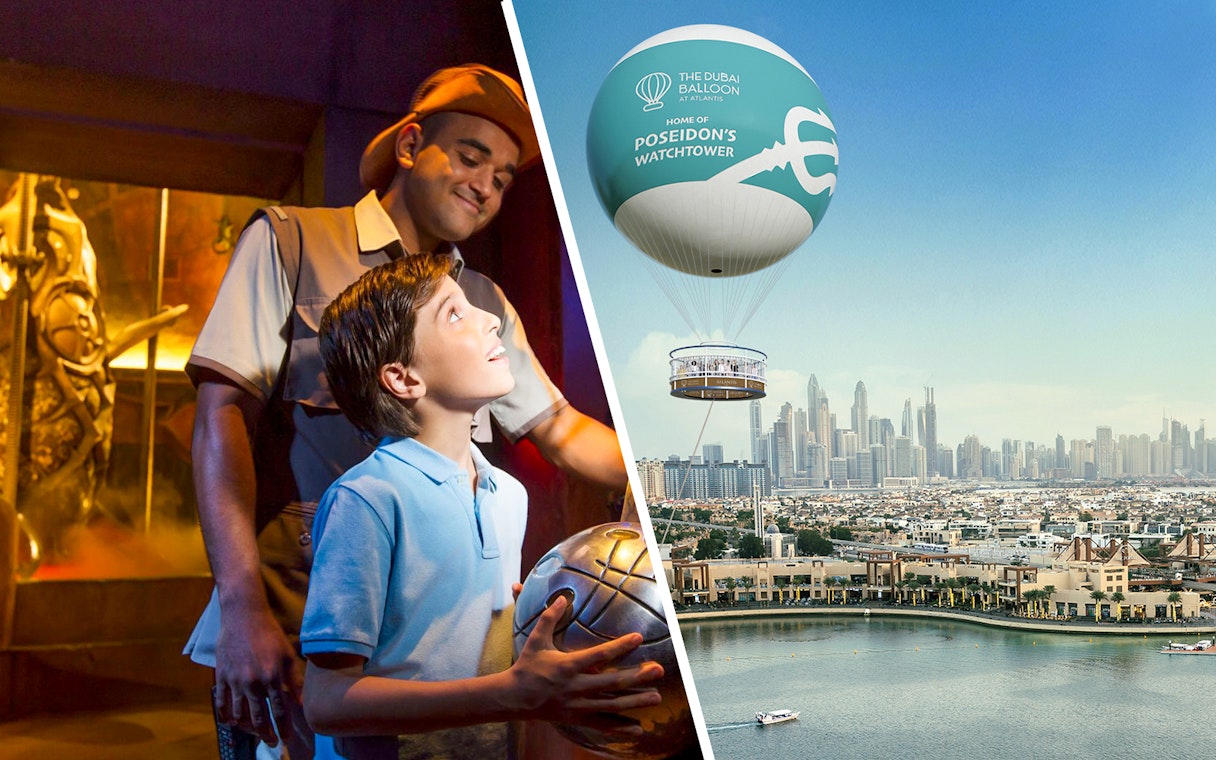 Child exploring The Lost Chambers Aquarium and The Dubai Balloon at Atlantis with city view.