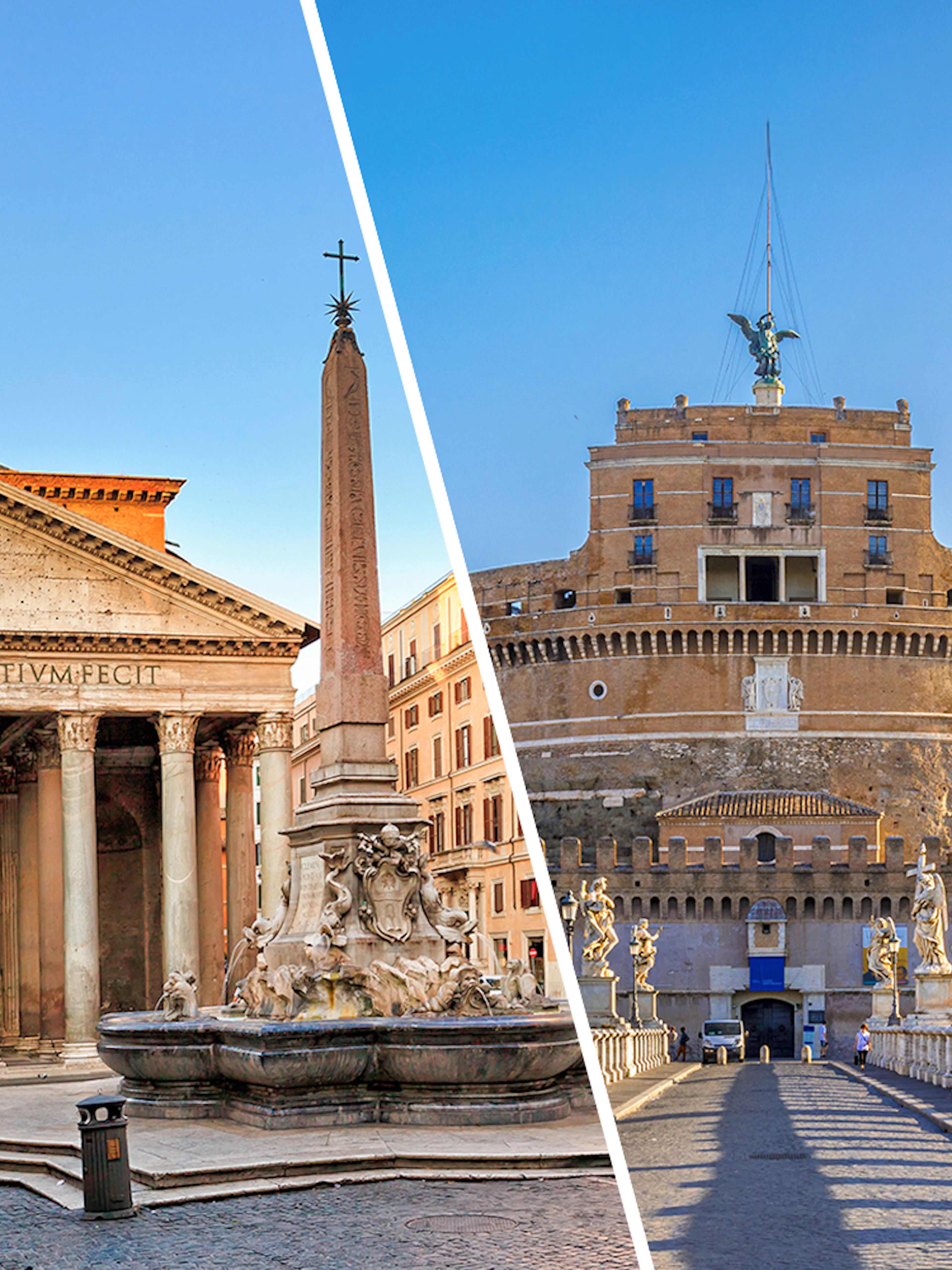 Pantheon and Castel Sant'Angelo in Rome, showcasing iconic architecture.