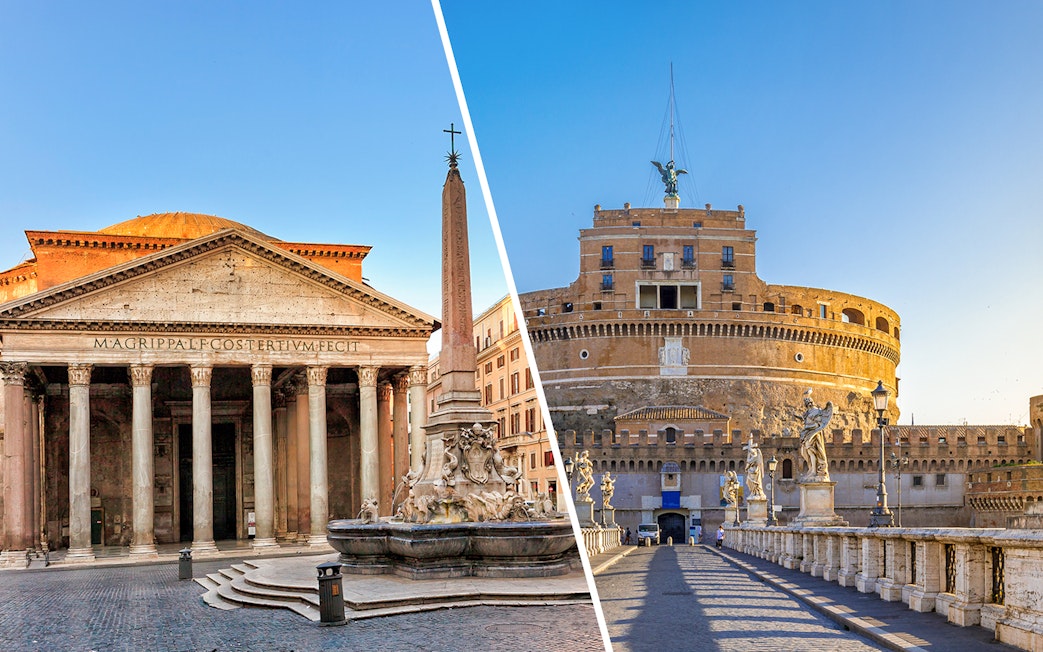 Pantheon and Castel Sant'Angelo in Rome, showcasing iconic architecture.