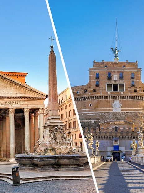 Pantheon and Castel Sant'Angelo in Rome, showcasing iconic architecture.