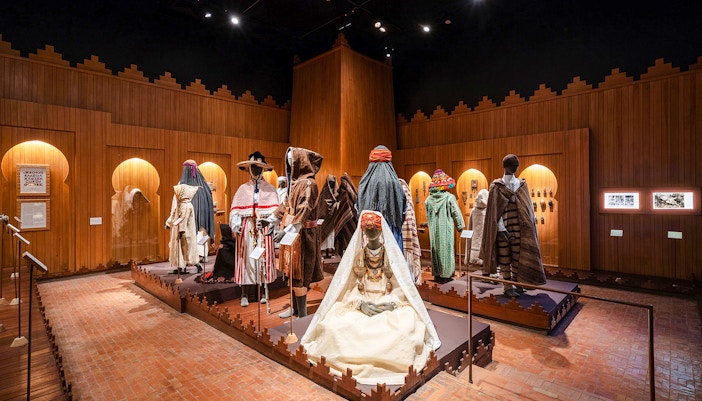 Traditional Berber clothing display at the Berber Museum in Marrakech.