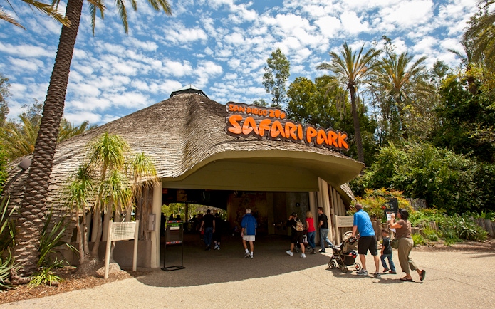 San Diego Zoo Safari Park entrance with visitors, San Diego.