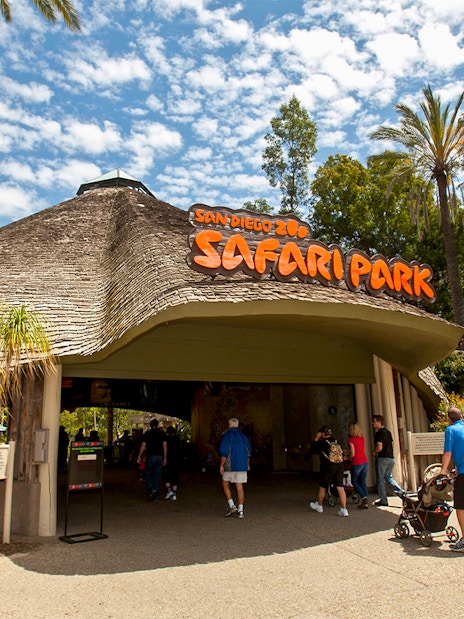 San Diego Zoo Safari Park entrance with visitors, San Diego.