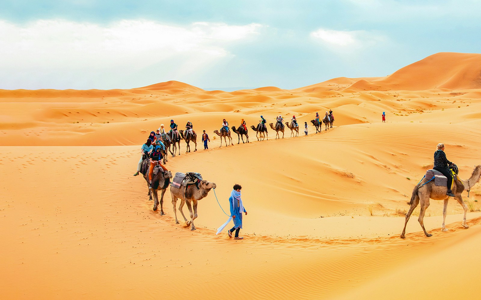 Camel caravan crossing desert dunes during morning safari with sandboarding.
