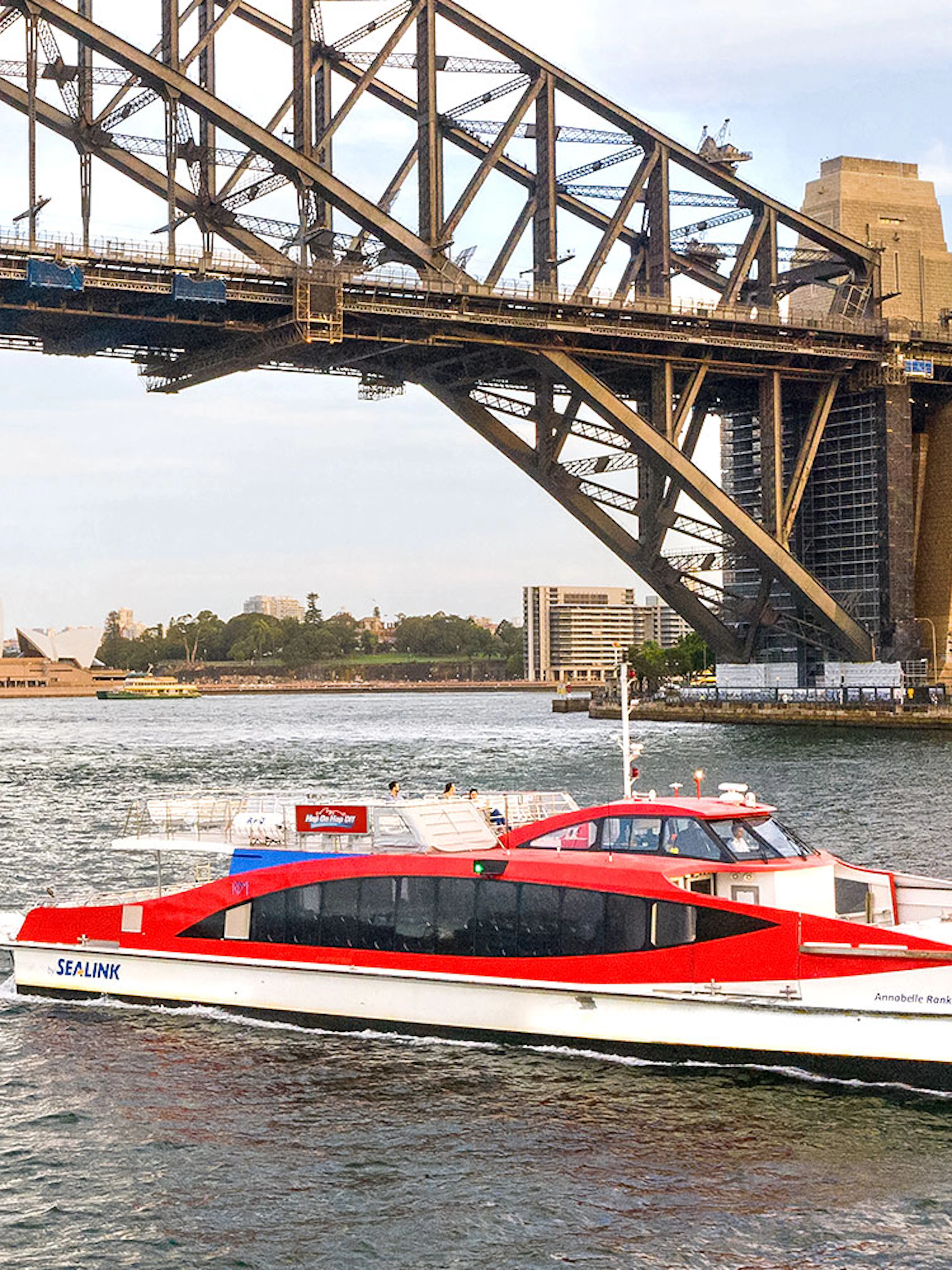 Cruise ship passing under Sydney Harbour Bridge with Opera House in view.
