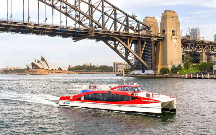 Cruise ship passing under Sydney Harbour Bridge with Opera House in view.