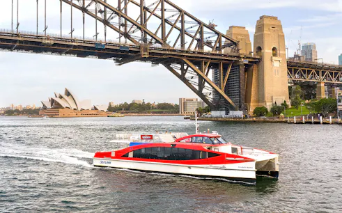 Cruise ship passing under Sydney Harbour Bridge with Opera House in view.