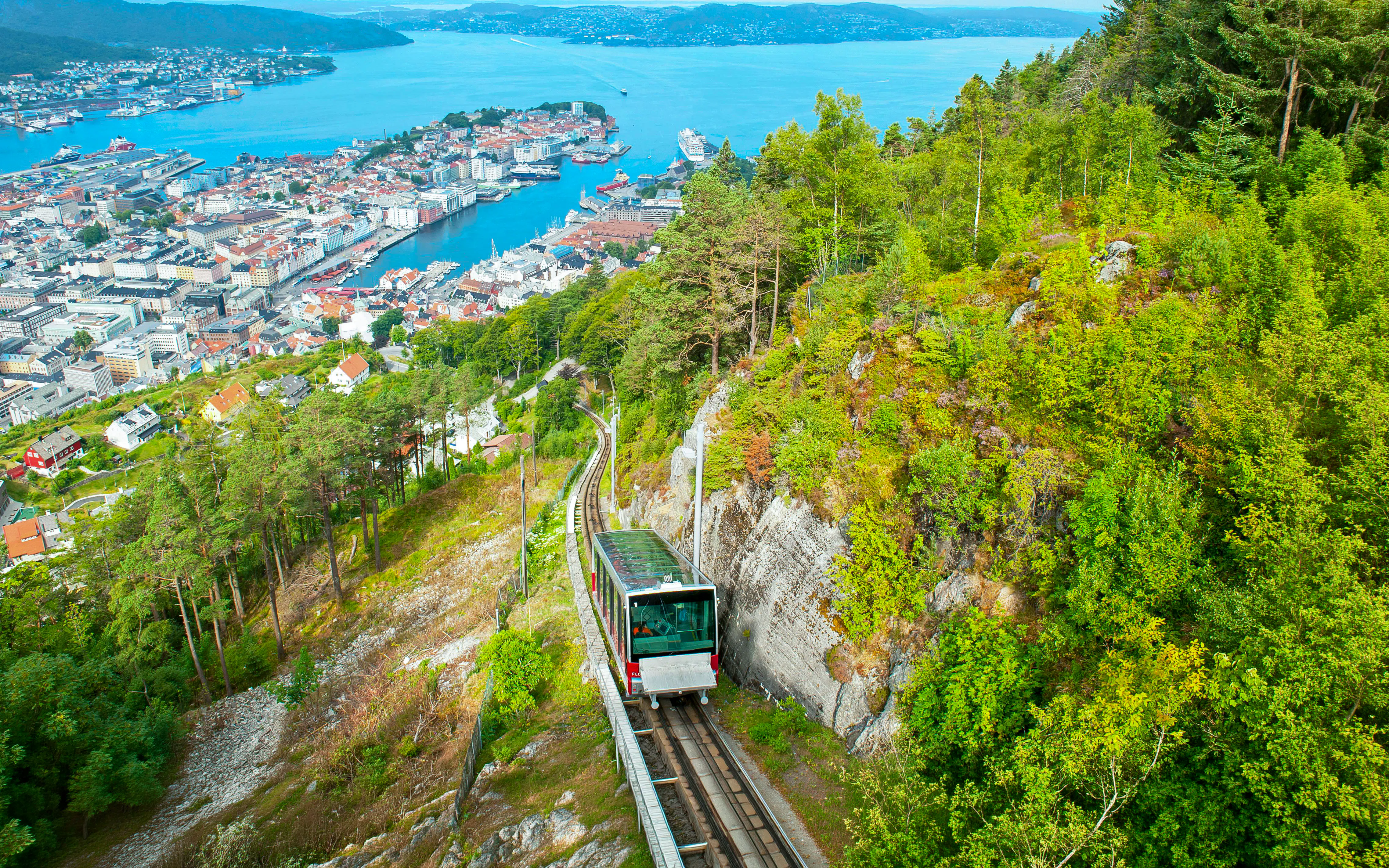Funicular ascending Mount Floyen with panoramic view of Bergen, Norway.