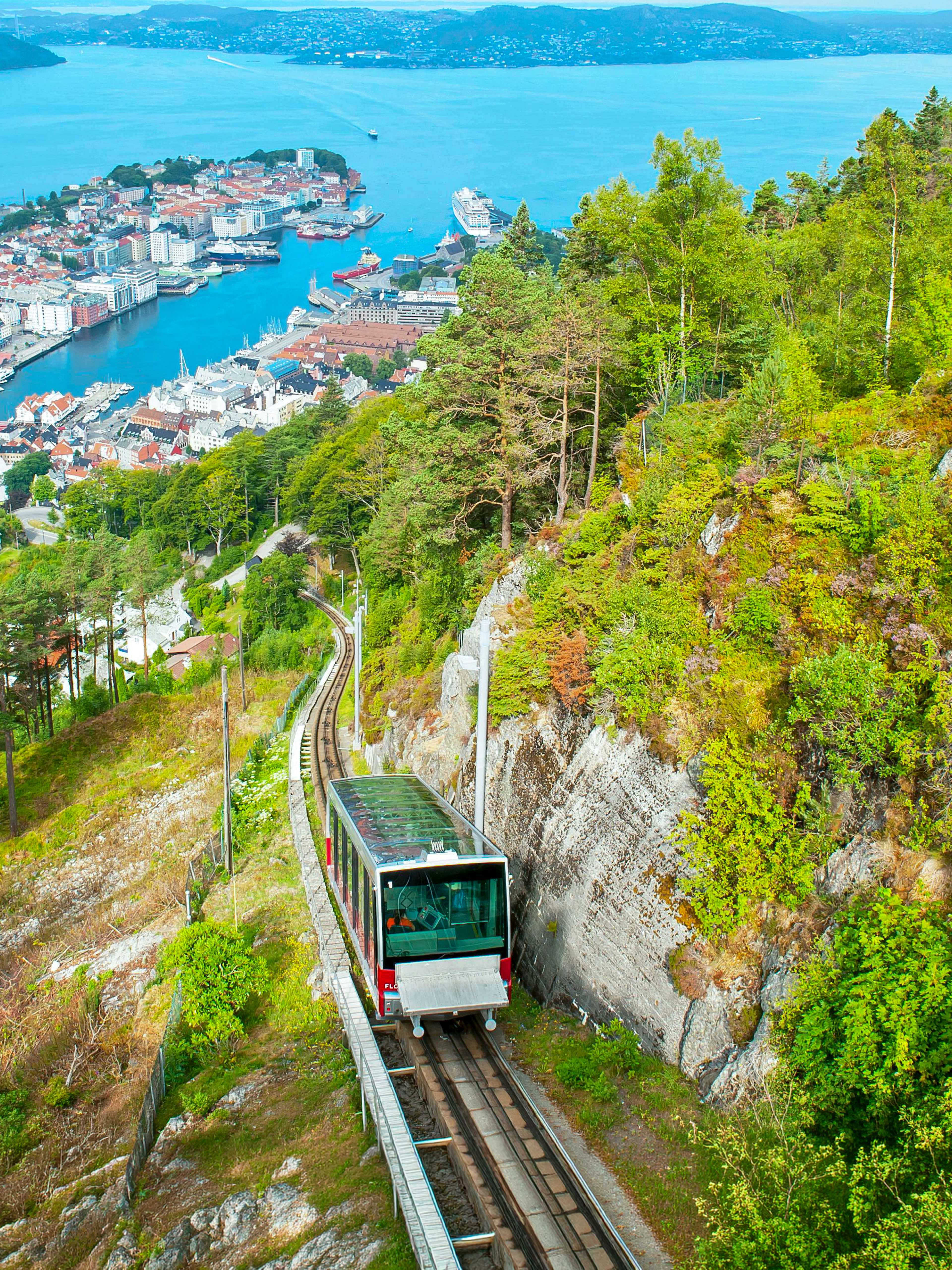 Funicular ascending Mount Floyen with panoramic view of Bergen, Norway.