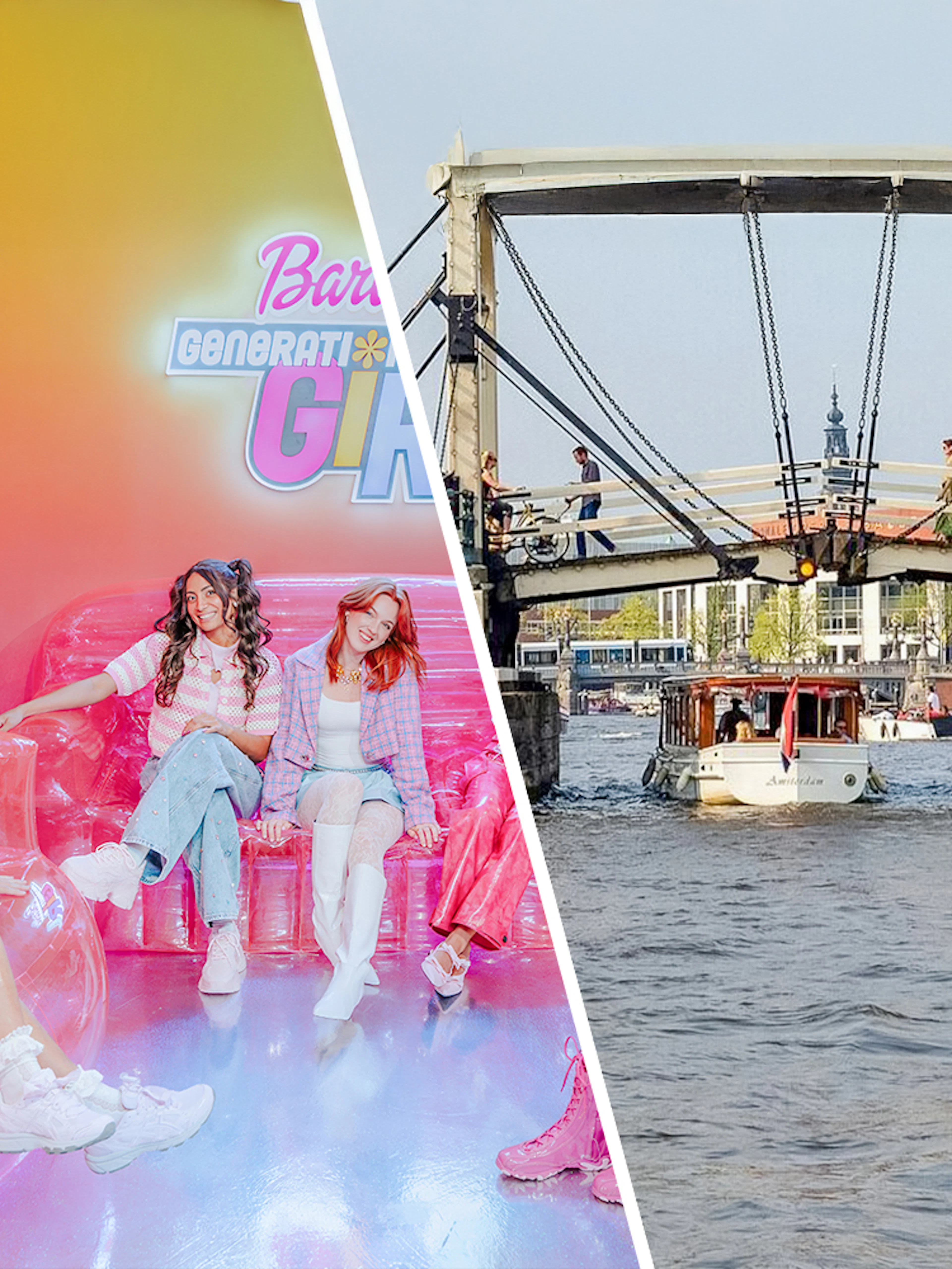 Guests enjoying Barbie Generation Girls set and Amsterdam canal cruise with iconic bridge.