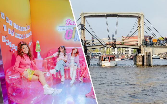Guests enjoying Barbie Generation Girls set and Amsterdam canal cruise with iconic bridge.