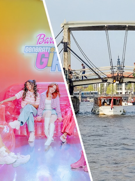 Guests enjoying Barbie Generation Girls set and Amsterdam canal cruise with iconic bridge.