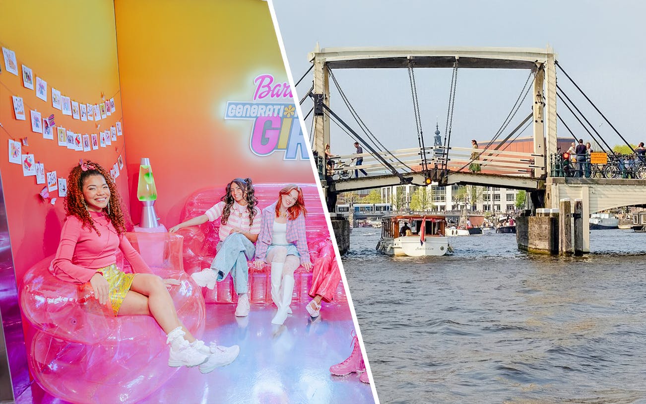Guests enjoying Barbie Generation Girls set and Amsterdam canal cruise with iconic bridge.