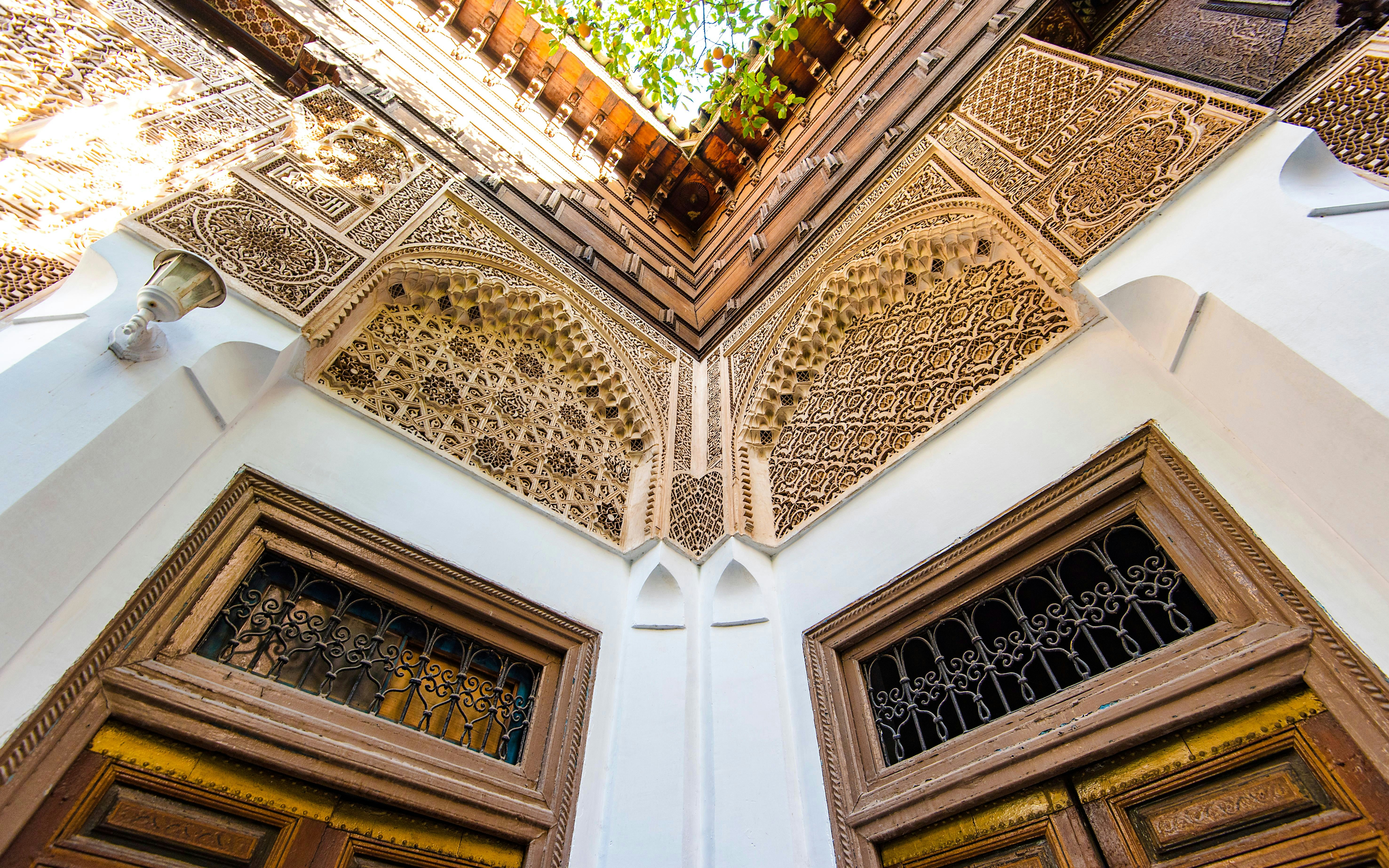 Bahia Palace intricate arch and carved wood details, Marrakech.