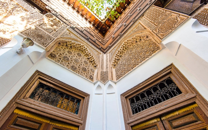 Bahia Palace intricate arch and carved wood details, Marrakech.