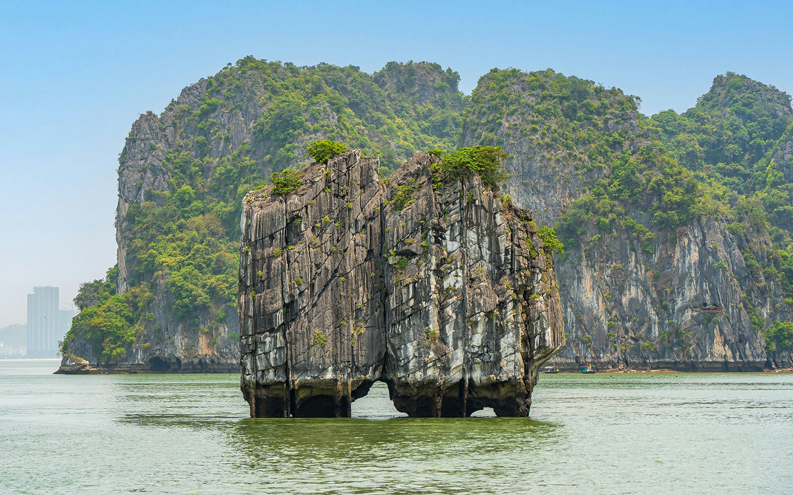 Dinh Huong Islet in Ha Long Bay, Quang Ninh, Vietnam, with limestone formations.