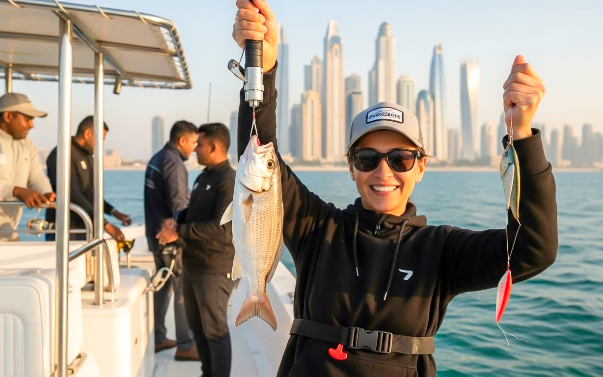 Woman holding fish on a Dubai fishing cruise with city skyline in background.