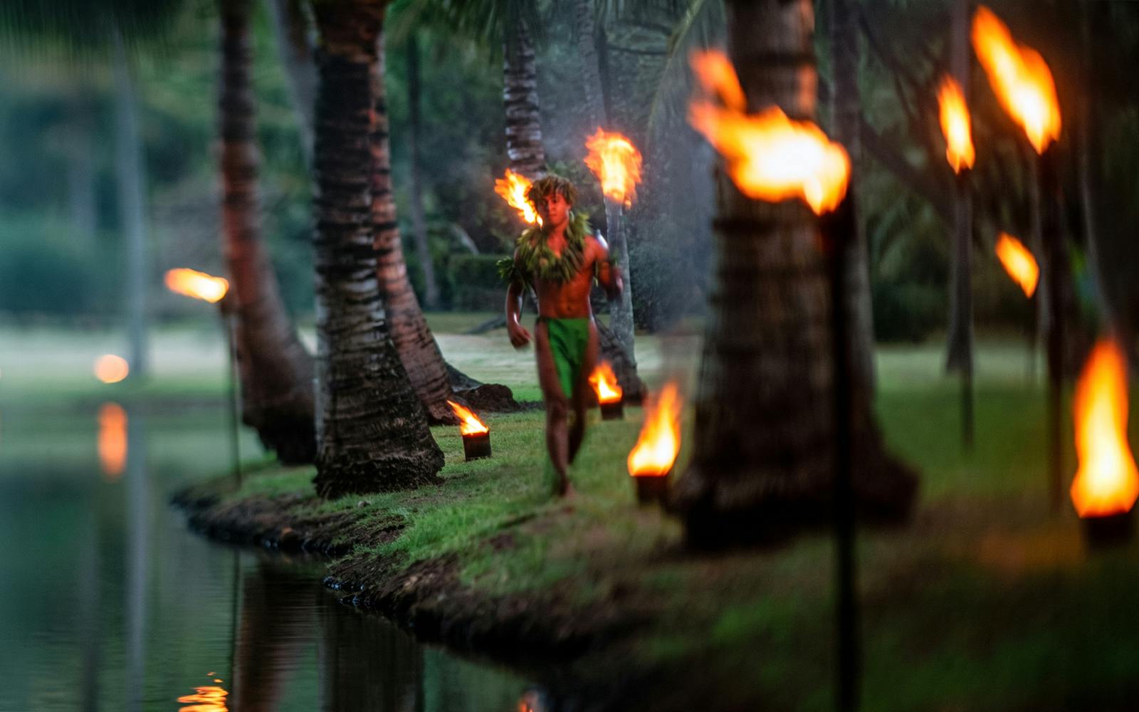 Fire dancer performing at Smiths Family Garden Luau, surrounded by palm trees and torches.