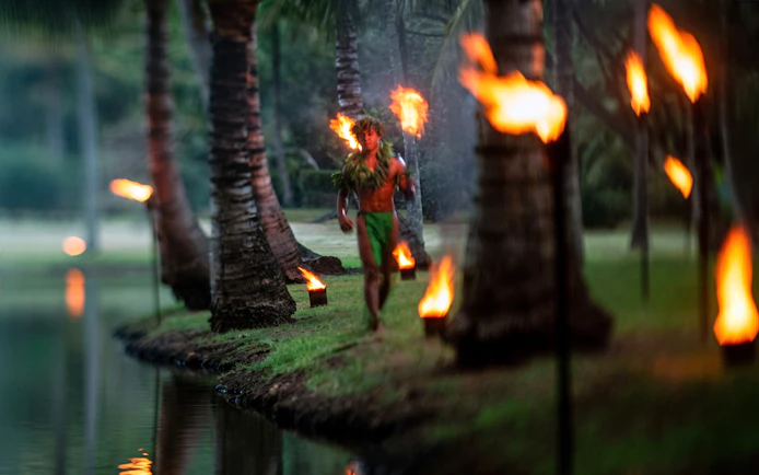 Fire dancer performing at Smiths Family Garden Luau, surrounded by palm trees and torches.