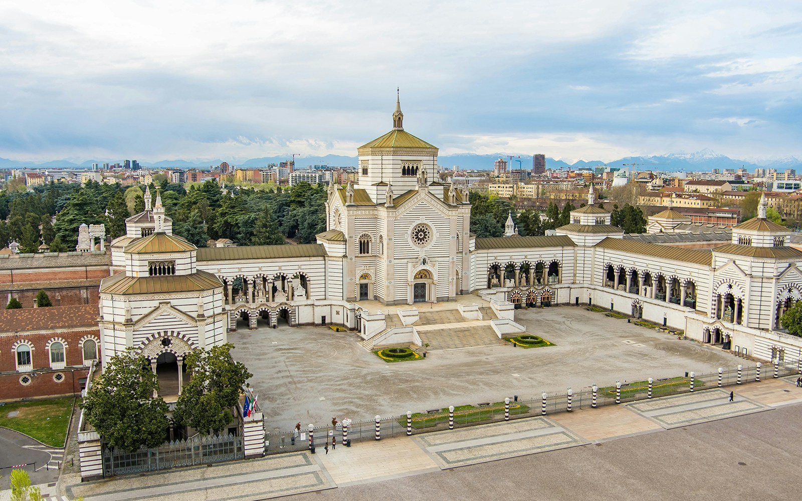 Aerial view of Cimitero Monumentale di Milano or Monumental Cemetery of Milan, the burial place of the most remarkable Italians, noted for the abundance of artistic tombs and monuments