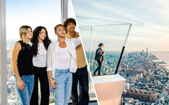 Visitors enjoying views from Empire State Building and Edge Observation Deck in New York City.
